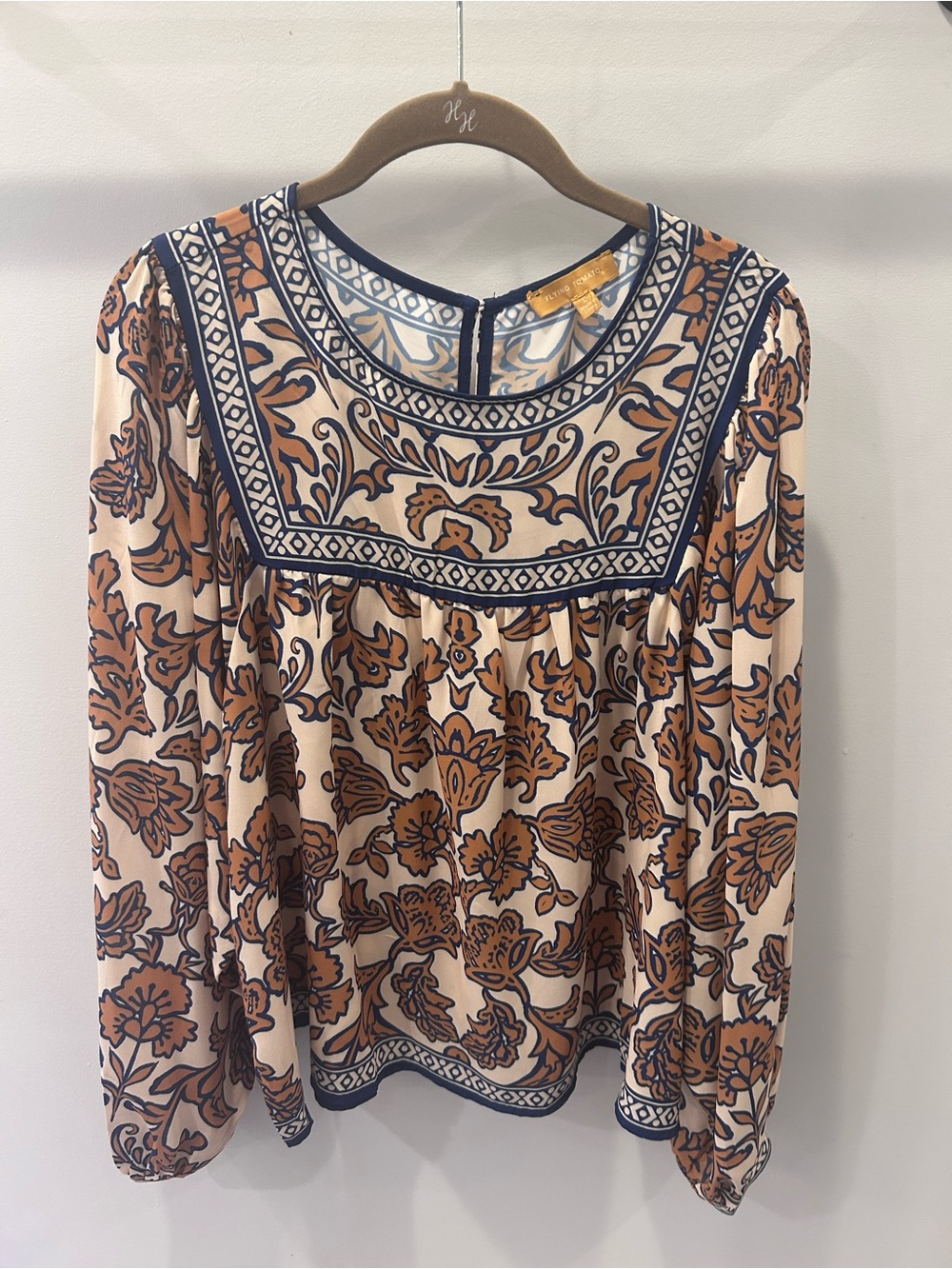 Flying Tomato Cream Blouse with Brown Floral Print and Navy Trim